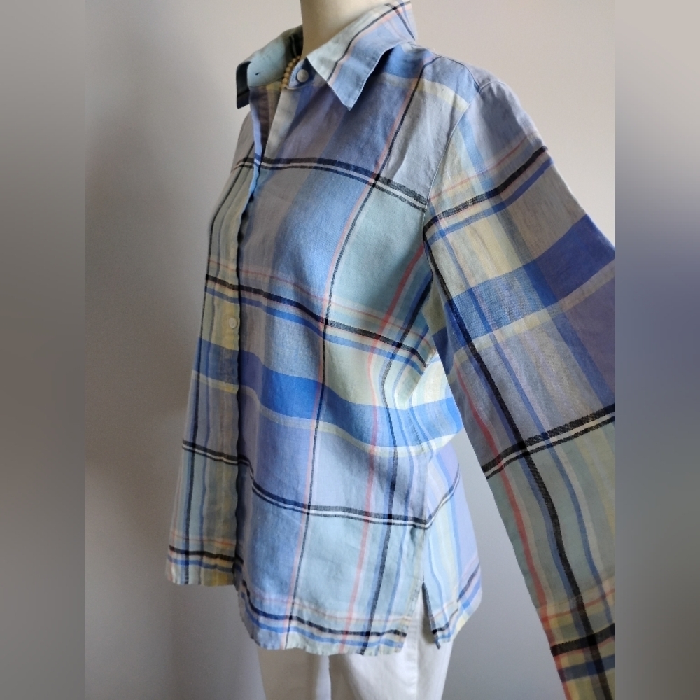 Liz Claiborne Linen Blue Plaid Button Up Shirt 3/4 Sleeves Coastal Size Medium - Picture 6 of 14